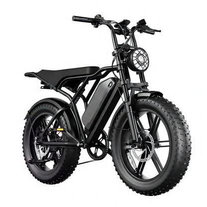 Vélo électrique R002 PLUS 750W 48V 25Ah fat bike 20 pouces, double suspension, freins hydrauliques, autonomie 120 km, vitesse 45 km/h débridée vue de coté droit