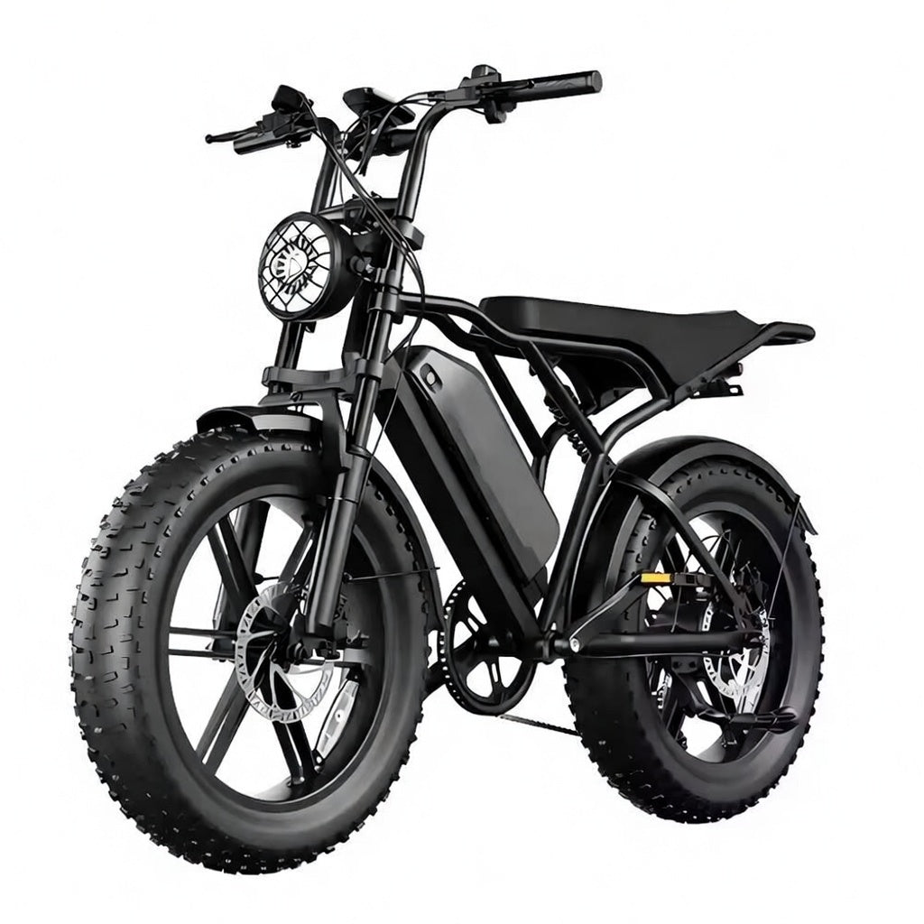 Vélo électrique R002 PLUS 750W 48V 25Ah fat bike 20 pouces, double suspension, freins hydrauliques, autonomie 120 km, vitesse 45 km/h débridée vue de coté gauche
