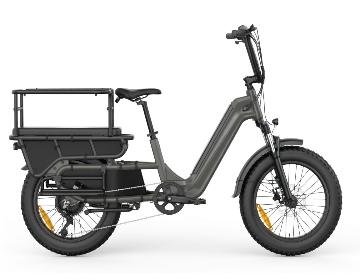 Vélo cargo électrique SAIBIKE HOVCART iron gris puissant 750W avec capteur de couple et pneus fat 20 pouces vue de profil droit