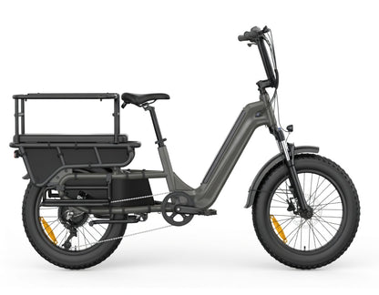 Vélo cargo électrique SAIBIKE HOVCART iron gris puissant 750W avec capteur de couple et pneus fat 20 pouces vue de profil droit