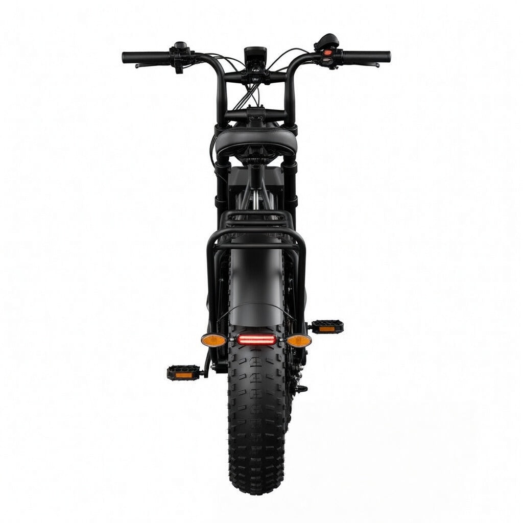 Vélo électrique R002 PLUS 750W 48V 25Ah fat bike 20 pouces, double suspension, freins hydrauliques, autonomie 120 km, vitesse 45 km/h débridée vue arrière