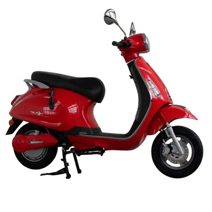 Scooter électrique Vesla JH-T rouge (style Vespa) 72V 2000W moteur brushless, batterie lithium 90Ah, autonomie longue distance, freins à disque avant et arrière, design urbain robuste vue de profil droit