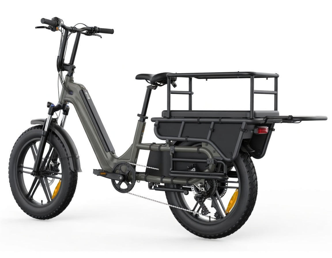 Vélo cargo électrique SAIBIKE HOVCART iron gris puissant 750W avec capteur de couple et pneus fat 20 pouces vue arrière gauche