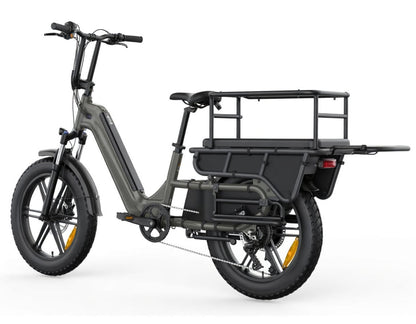 Vélo cargo électrique SAIBIKE HOVCART iron gris puissant 750W avec capteur de couple et pneus fat 20 pouces vue arrière gauche