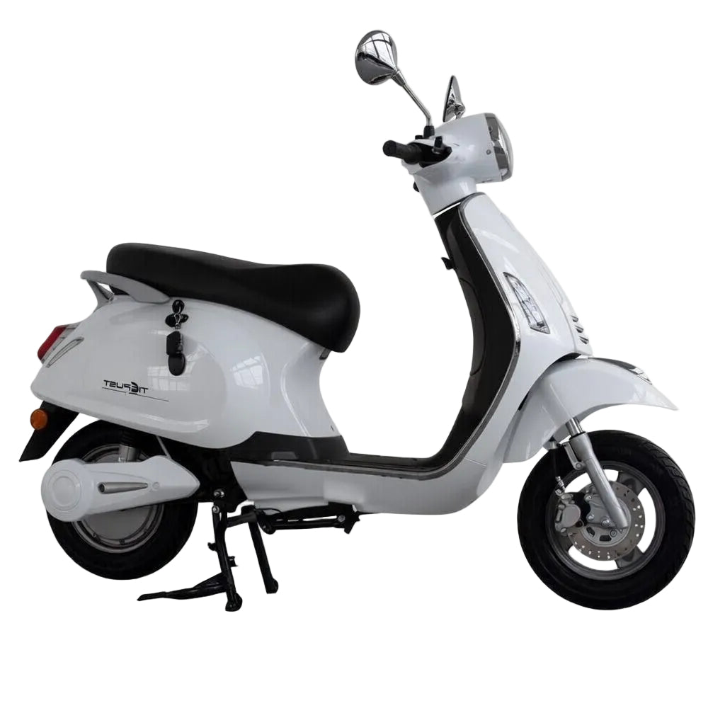 Scooter électrique Vesla JH-T blanc (style Vespa) 72V 2000W moteur brushless, batterie lithium 90Ah, autonomie longue distance, freins à disque avant et arrière, design urbain robuste vue de profil droit