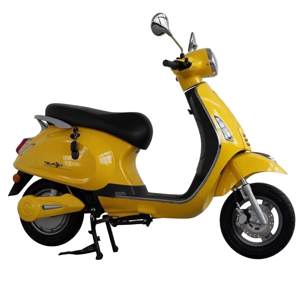 Scooter électrique Vesla JH-T jaune (style Vespa) 72V 2000W moteur brushless, batterie lithium 90Ah, autonomie longue distance, freins à disque avant et arrière, design urbain robuste vue de profil droit