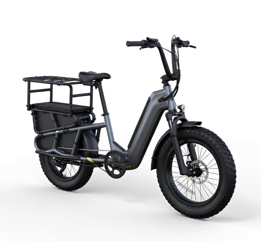 Vélo électrique cargo SAIBIKE K008 iron gris 48V 15Ah 750W avec pneus fat 20 pouces vue de coté droit