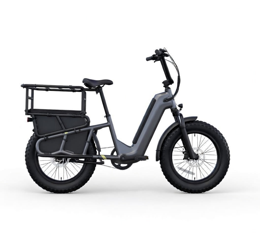 Vélo électrique cargo SAIBIKE K008 iron gris 48V 15Ah 750W avec pneus fat 20 pouces vue de profil droit
