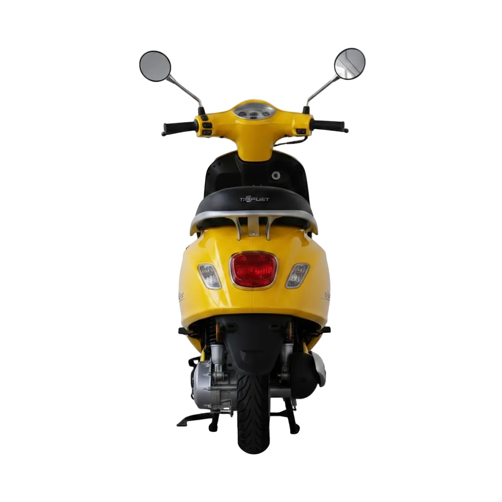 Scooter électrique Vesla JH-T jaune (style Vespa) 72V 2000W moteur brushless, batterie lithium 90Ah, autonomie longue distance, freins à disque avant et arrière, design urbain robuste vue de face arrière