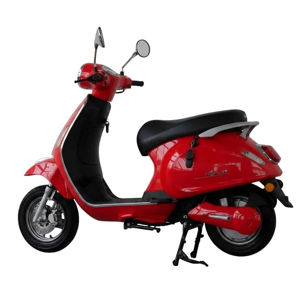 Scooter électrique Vesla JH-T rouge (style Vespa) 72V 2000W moteur brushless, batterie lithium 90Ah, autonomie longue distance, freins à disque avant et arrière, design urbain robuste vue d'arrière gauche