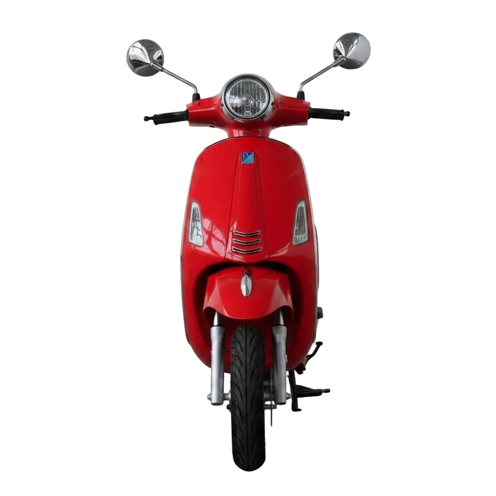 Scooter électrique Vesla JH-T rouge (style Vespa) 72V 2000W moteur brushless, batterie lithium 90Ah, autonomie longue distance, freins à disque avant et arrière, design urbain robuste vue de face