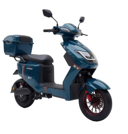 Scooter électrique VESLA Y8 PRO bleu 500W 48V, moteur brushless, batterie lithium, freins à disque, usage urbain vue de coté droit