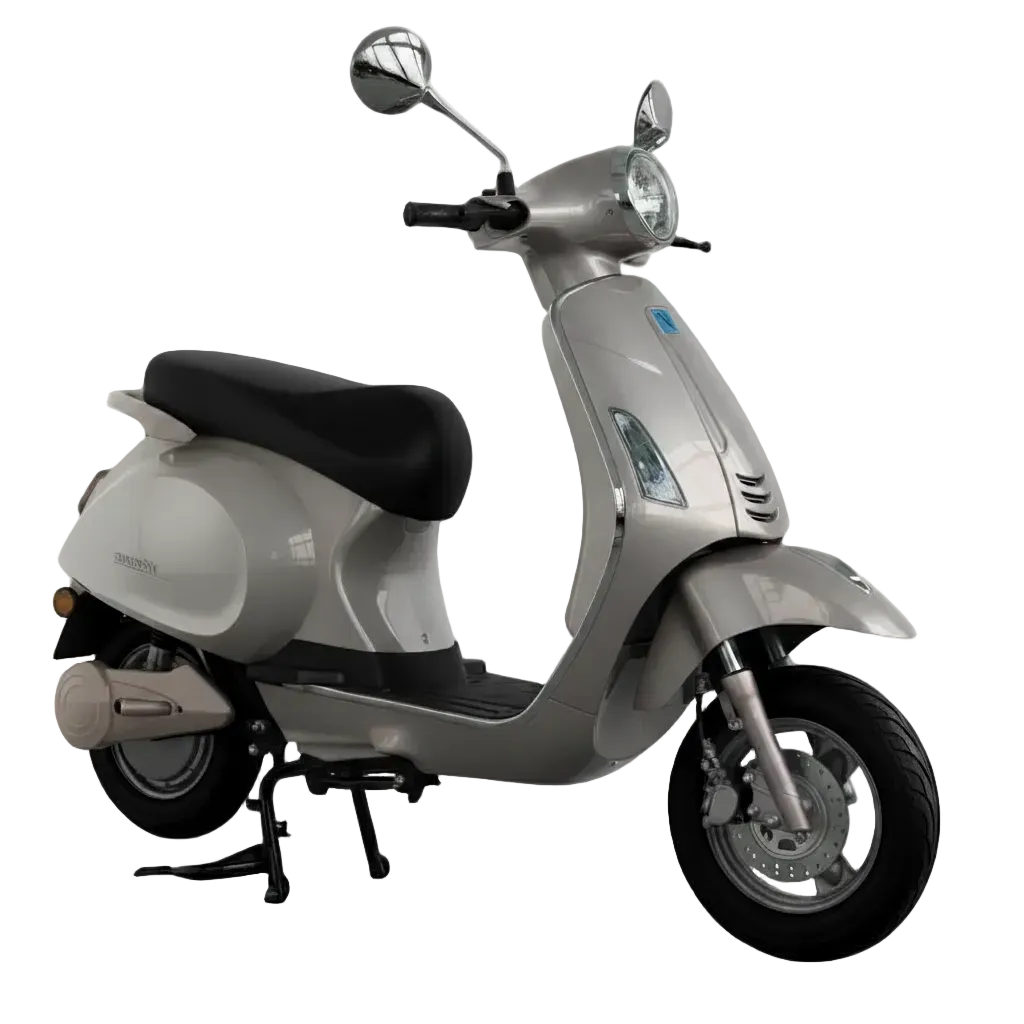 Scooter électrique Vesla JH-T gris argent (style Vespa) 72V 2000W moteur brushless, batterie lithium 90Ah, autonomie longue distance, freins à disque avant et arrière, design urbain robuste vue de coté droit