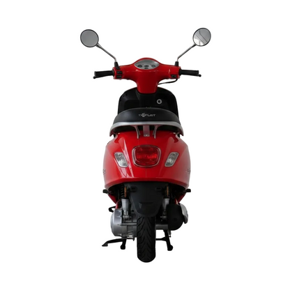 Scooter électrique Vesla JH-T rouge (style Vespa) 72V 2000W moteur brushless, batterie lithium 90Ah, autonomie longue distance, freins à disque avant et arrière, design urbain robuste vue de face arrière