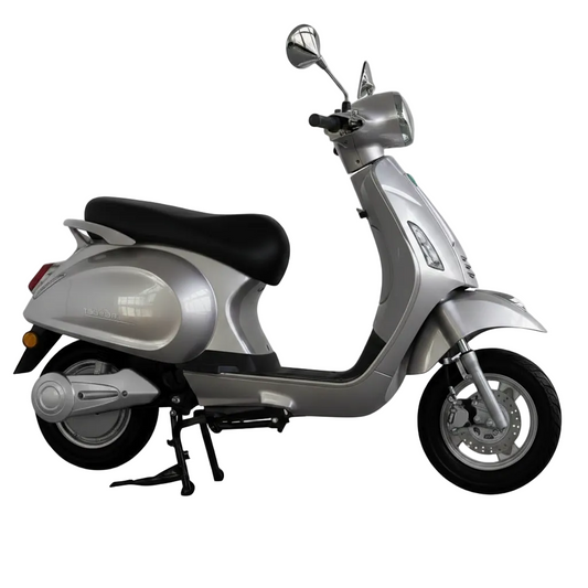 Scooter électrique Vesla JH-T gris argent (style Vespa) 72V 2000W moteur brushless, batterie lithium 90Ah, autonomie longue distance, freins à disque avant et arrière, design urbain robuste vue de profil droit