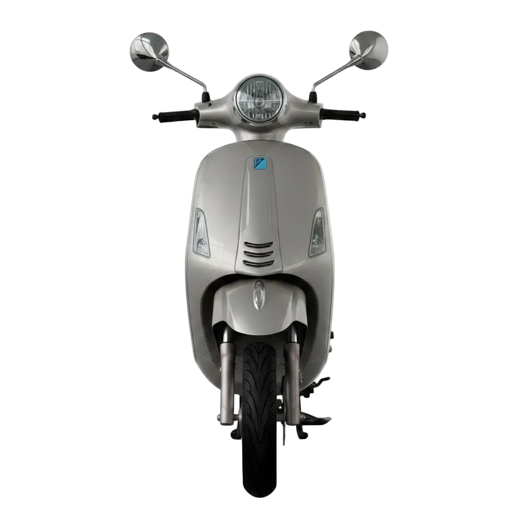 Scooter électrique Vesla JH-T gris argent (style Vespa) 72V 2000W moteur brushless, batterie lithium 90Ah, autonomie longue distance, freins à disque avant et arrière, design urbain robuste vue de face