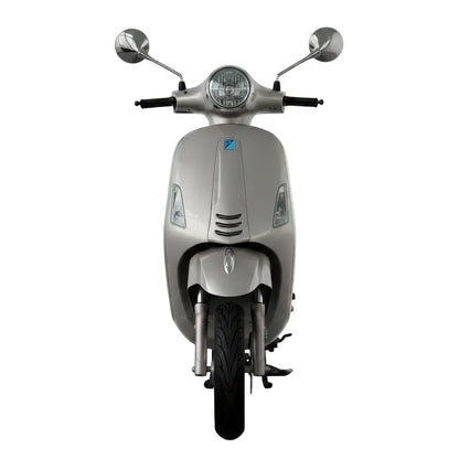 Scooter électrique Vesla JH-T gris argent (style Vespa) 72V 2000W moteur brushless, batterie lithium 90Ah, autonomie longue distance, freins à disque avant et arrière, design urbain robuste vue de face