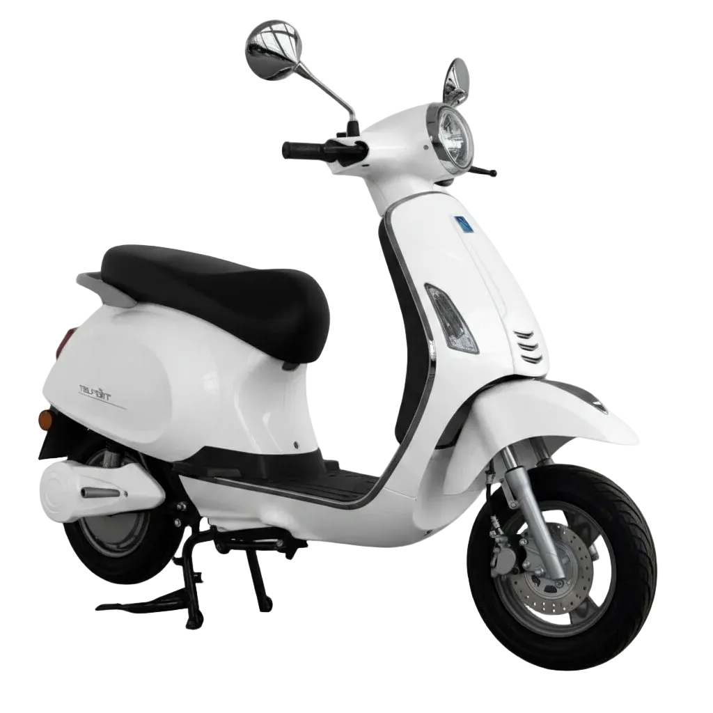 Scooter électrique Vesla JH-T blanc (style Vespa) 72V 2000W moteur brushless, batterie lithium 90Ah, autonomie longue distance, freins à disque avant et arrière, design urbain robuste vue de coté droit