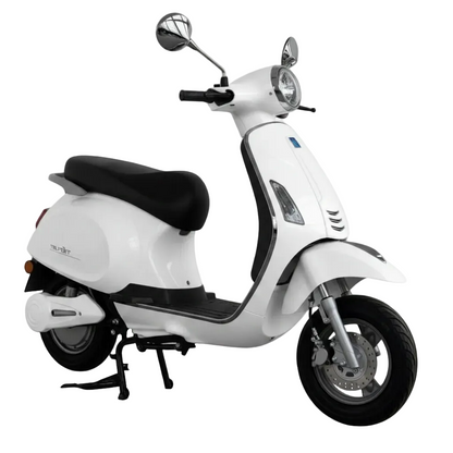 Scooter électrique Vesla JH-T blanc (style Vespa) 72V 2000W moteur brushless, batterie lithium 90Ah, autonomie longue distance, freins à disque avant et arrière, design urbain robuste vue de coté droit