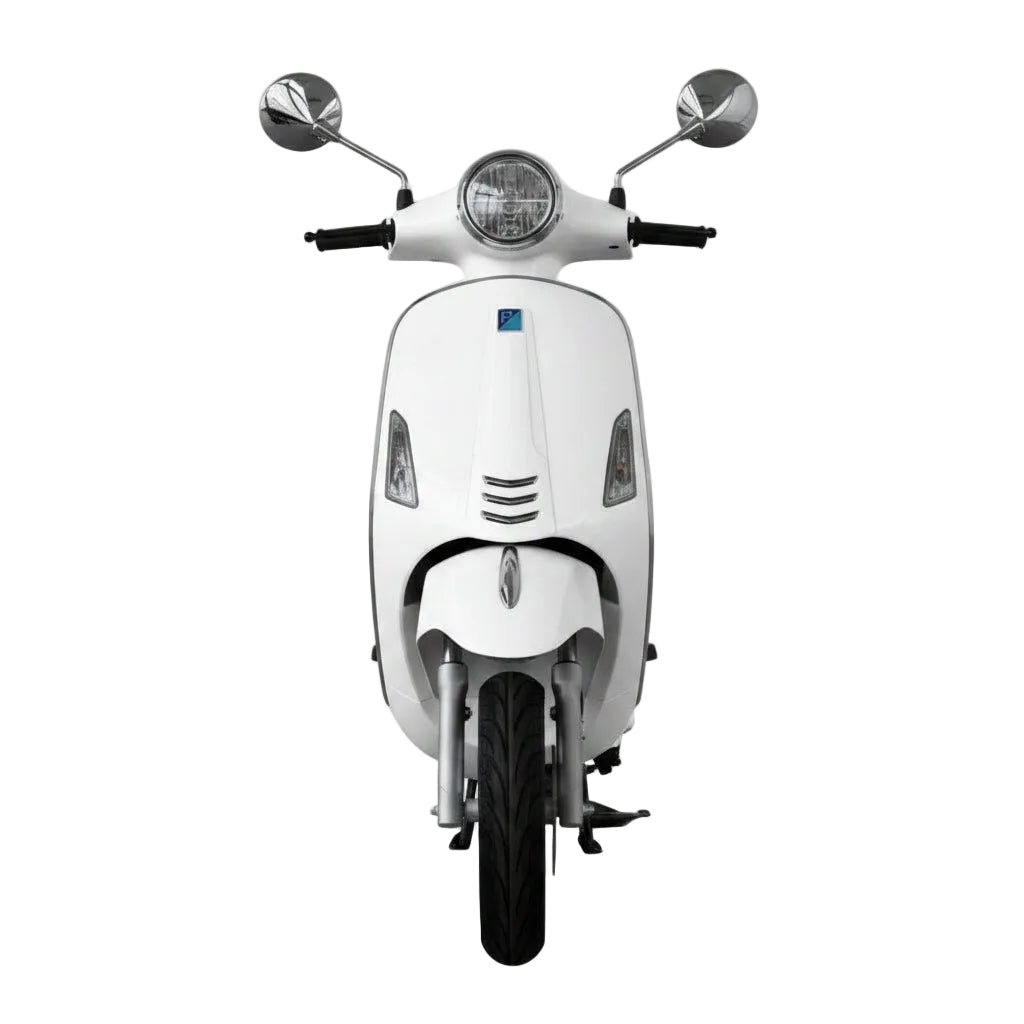 Scooter électrique Vesla JH-T blanc (style Vespa) 72V 2000W moteur brushless, batterie lithium 90Ah, autonomie longue distance, freins à disque avant et arrière, design urbain robuste vue de face