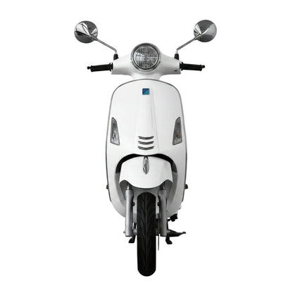 Scooter électrique Vesla JH-T blanc (style Vespa) 72V 2000W moteur brushless, batterie lithium 90Ah, autonomie longue distance, freins à disque avant et arrière, design urbain robuste vue de face