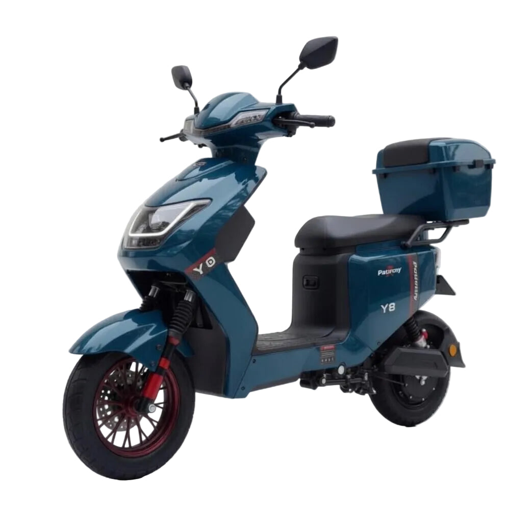 Scooter électrique VESLA Y8 PRO bleu 500W 48V, moteur brushless, batterie lithium, freins à disque, usage urbain vue de coté gauche