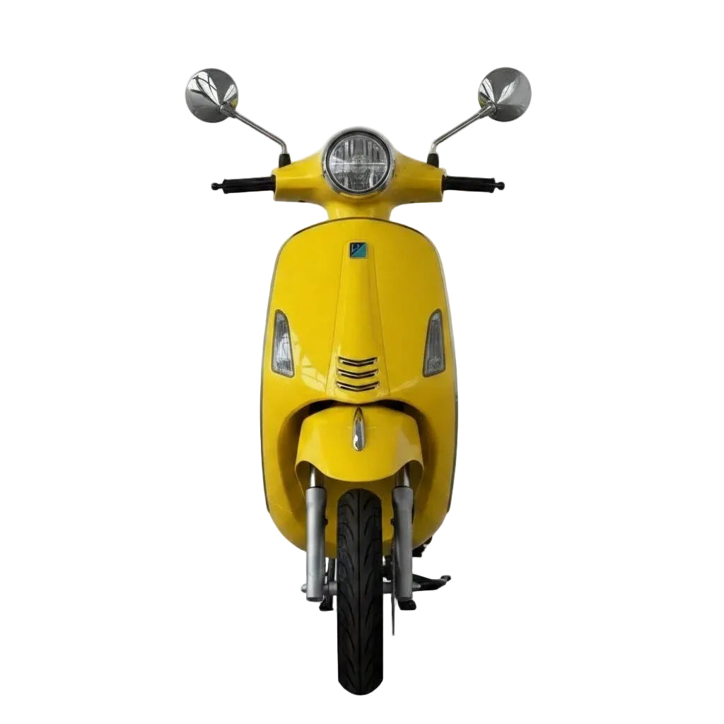 Scooter électrique Vesla JH-T jaune (style Vespa) 72V 2000W moteur brushless, batterie lithium 90Ah, autonomie longue distance, freins à disque avant et arrière, design urbain robuste vue de face
