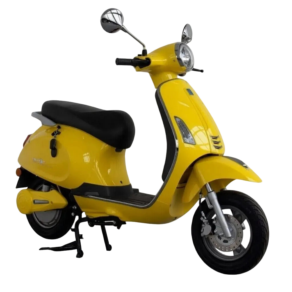 Scooter électrique Vesla JH-T jaune (style Vespa) 72V 2000W moteur brushless, batterie lithium 90Ah, autonomie longue distance, freins à disque avant et arrière, design urbain robuste vue de coté droit