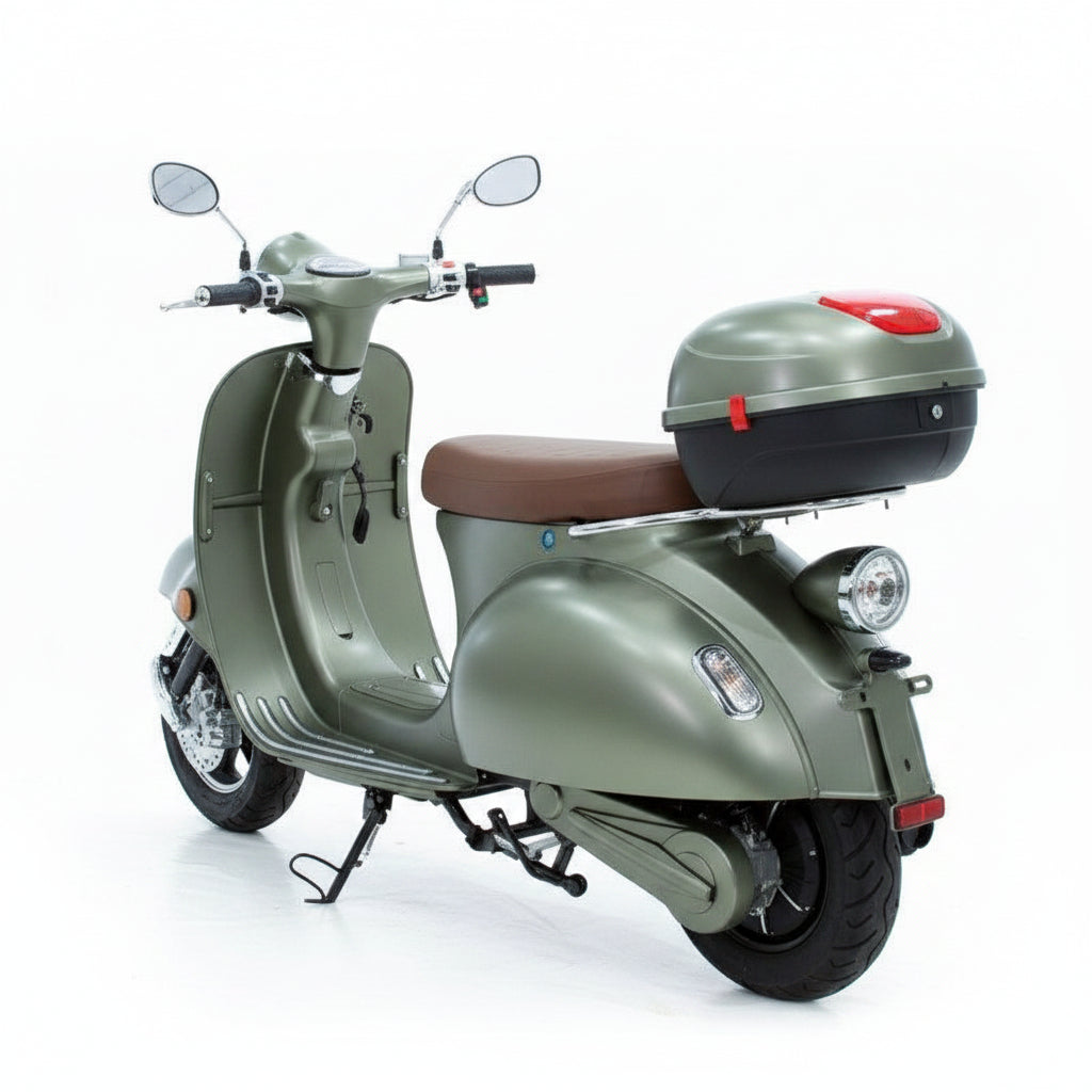 Scooter électrique rétro style Vespa 1200W – 60V 20Ah – 45 km/h porte-bagages vue arrière de coté gauche