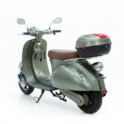 Scooter électrique rétro style Vespa 1200W – 60V 20Ah – 45 km/h porte-bagages vue arrière de coté gauche