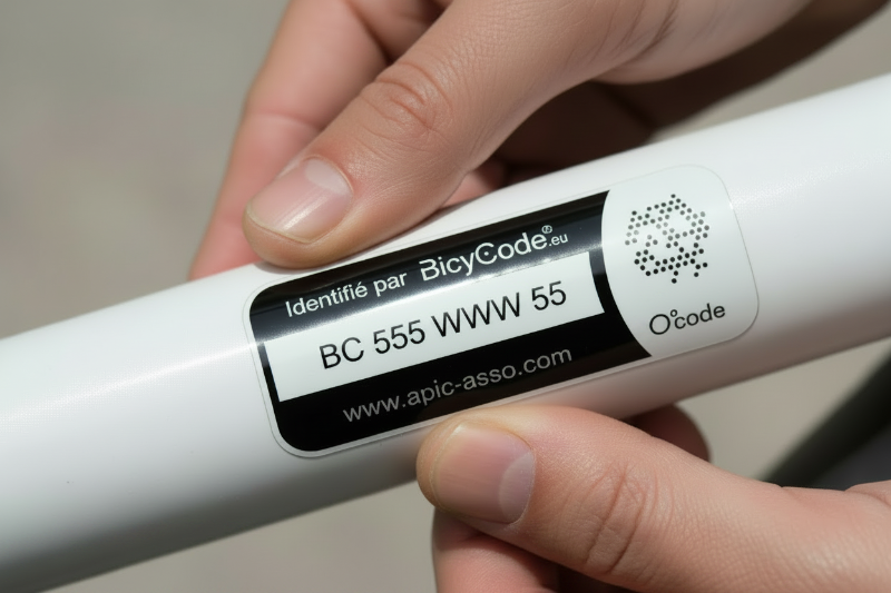 Application d’une étiquette Bicycode sur le cadre d’un vélo pour marquage et identification contre le vol