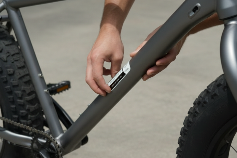 Étiquette Bicycode collée sur le tube du cadre du vélo pour identification et protection contre le vol