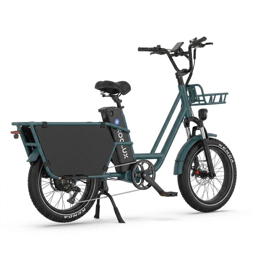 Vélo cargo KOOLUX en vue de trois quarts sur fond blanc
