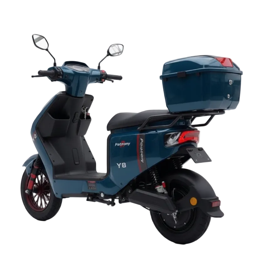 Scooter électrique VESLA Y8 PRO bleu 500W 48V, moteur brushless, couple 105 Nm, vitesse 50 km/h, batterie lithium 60Ah, autonomie 80–120 km, freins à disque AV/AR, châssis renforcé, porte-bagages vue arrière gauche